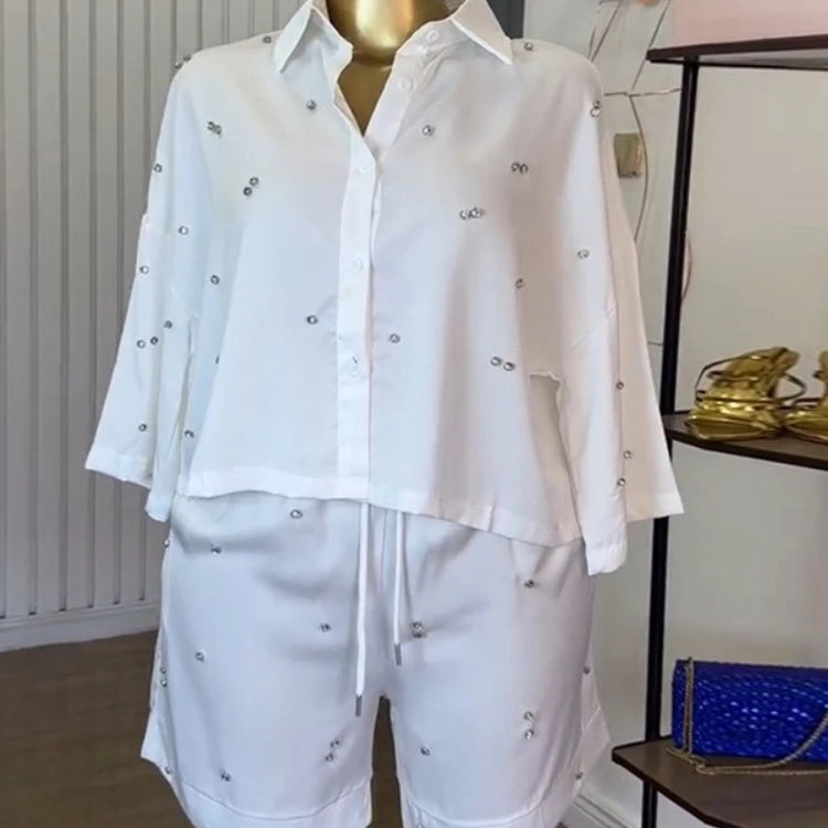 CM.YAYA Beading Women's Set Long Sleeve Shirt and Shorts Suit 2025 Summer OL Fashion Two 2 Piece Sets Outfit Tracksuit