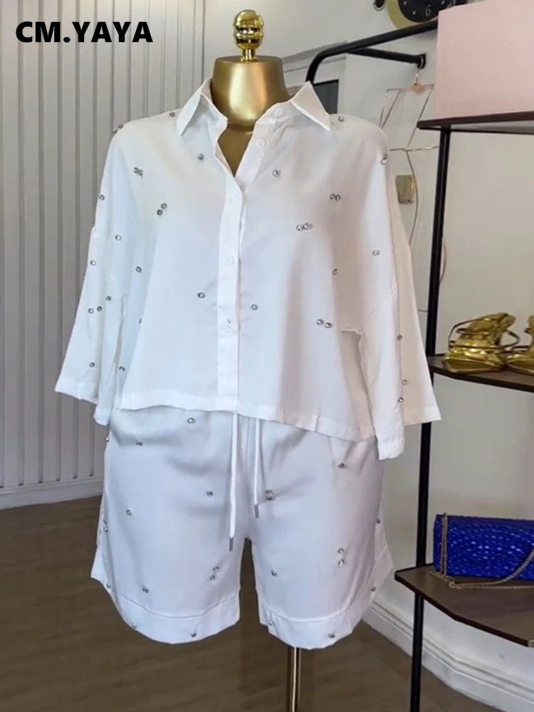 CM.YAYA Beading Women's Set Long Sleeve Shirt and Shorts Suit 2025 Summer OL Fashion Two 2 Piece Sets Outfit Tracksuit