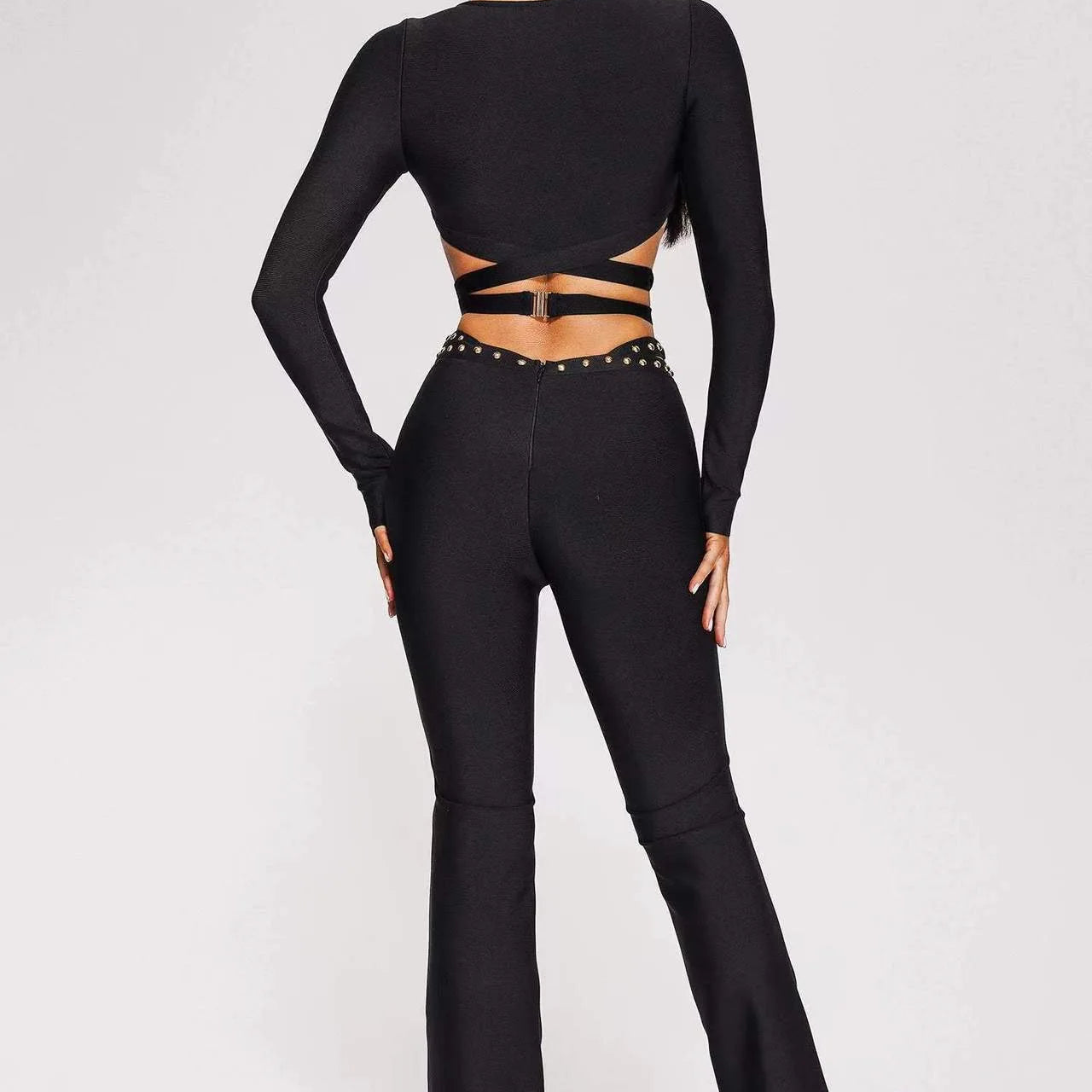 Stylish Res Bandage Woman Set Diamond Chains Backless Halter Cropped top And Waist Chain Flare Pants 2 Pieces Club Party Outfit