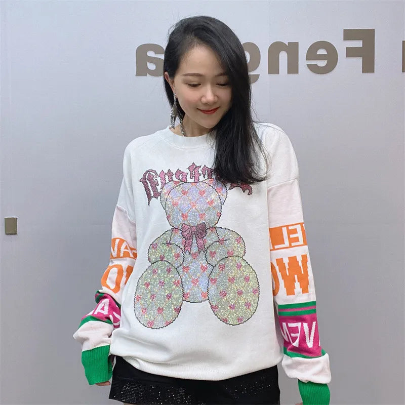 Fashion Cartoon Bear Rhinestone Long Sleeve Sweater Female New Round Neck Black Cotton Long knitted Sweater Pullover For Women