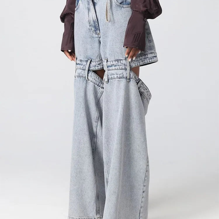 Spliced Zipper Hollow Out demin Jeans For Women High Waist Patchwork Pockets Wide Leg Jean Female Fashion Clothing