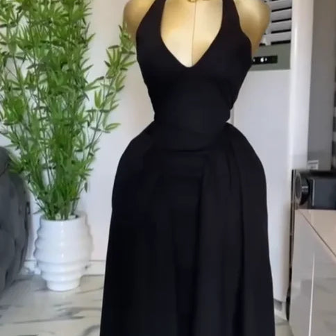 CM.YAYA Women Halter V-neck Backless Sleeveless Big Swing Bodycon Mid Maxi Long Dress 2025 Vacation Sexy Party Evening Dresses