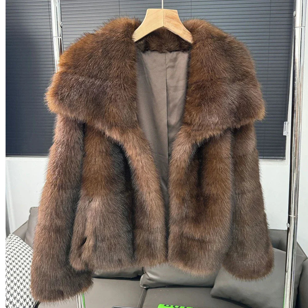 Brown Women Faux Sable Fur Jacket Oversized Lapel Long Sleeve Warm Fluffy Coats Winter Female Loose Streetwear Outwears 1