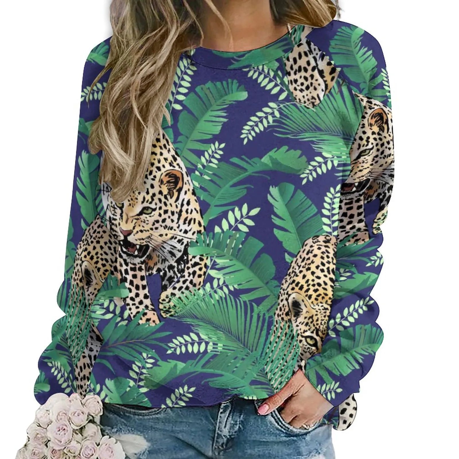 Jungle Cheetah Casual Hoodies Female Leopard Skin Green Leaves Print Hoodie Long Sleeve Street Fashion Oversized Sweatshirts style-15