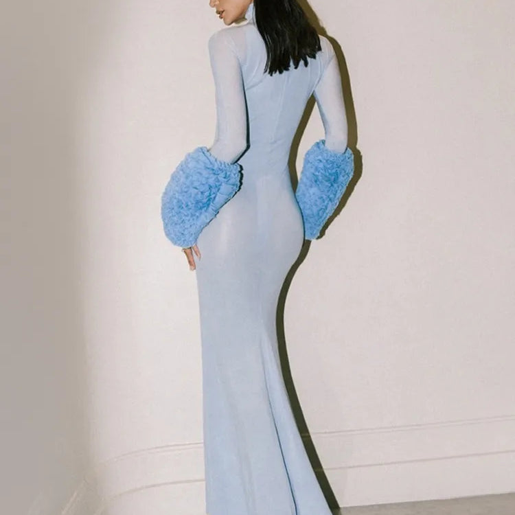 Women Celebrity Sexy Long Sleeve Mesh Sky Blue Maxi Long Bodycon Dress 2024 Elegant Evening Club Party Outfit