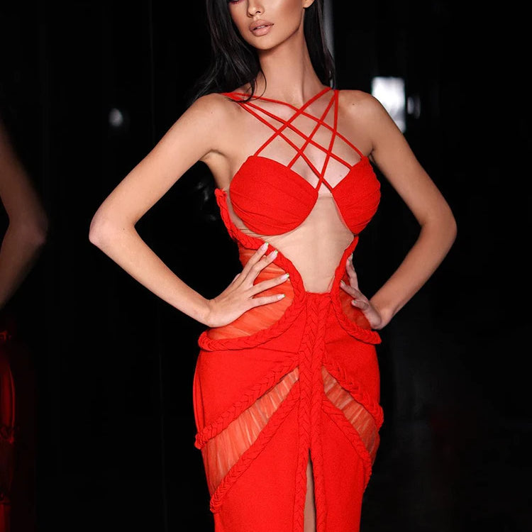 VC Mermaid Dress For Women Sexy Hollow Out See Through Braided Rope High Slit Long Evening Party Dress Vestido