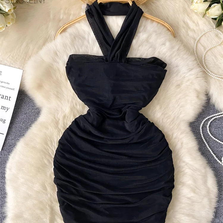 SINGREINY Hotsweet Sexy Slim Dress Ladies Halter Strapless Sleeveless BodyconThre-dimensional Floral Fashion Short Dress