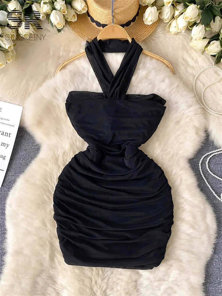 SINGREINY Hotsweet Sexy Slim Dress Ladies Halter Strapless Sleeveless BodyconThre-dimensional Floral Fashion Short Dress