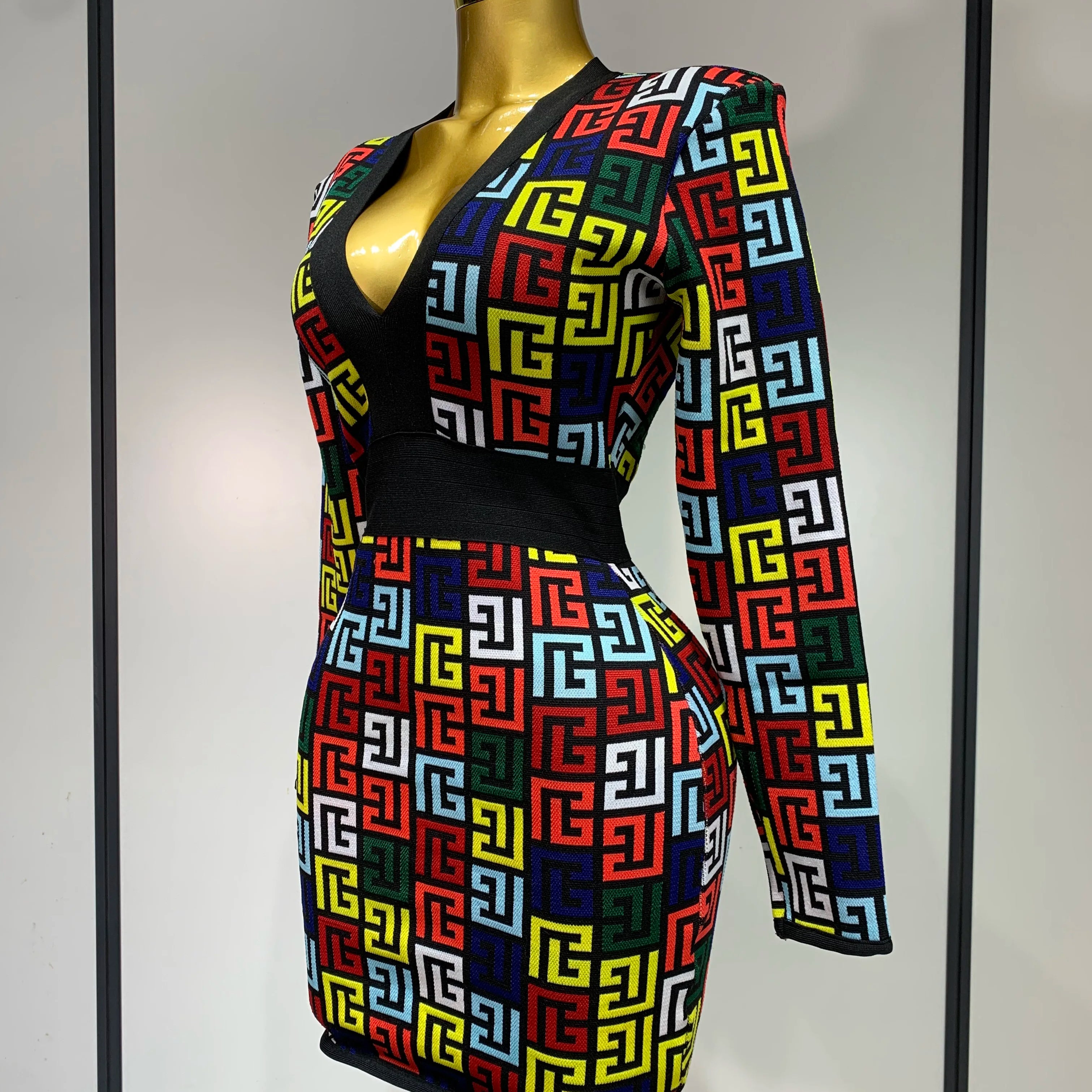 Women Long Sleeve V-Neck Bodycon Jacquard Short Bandage Dress 2025 Elegant Evening Luxury Birthday Party Cocktail Outfit