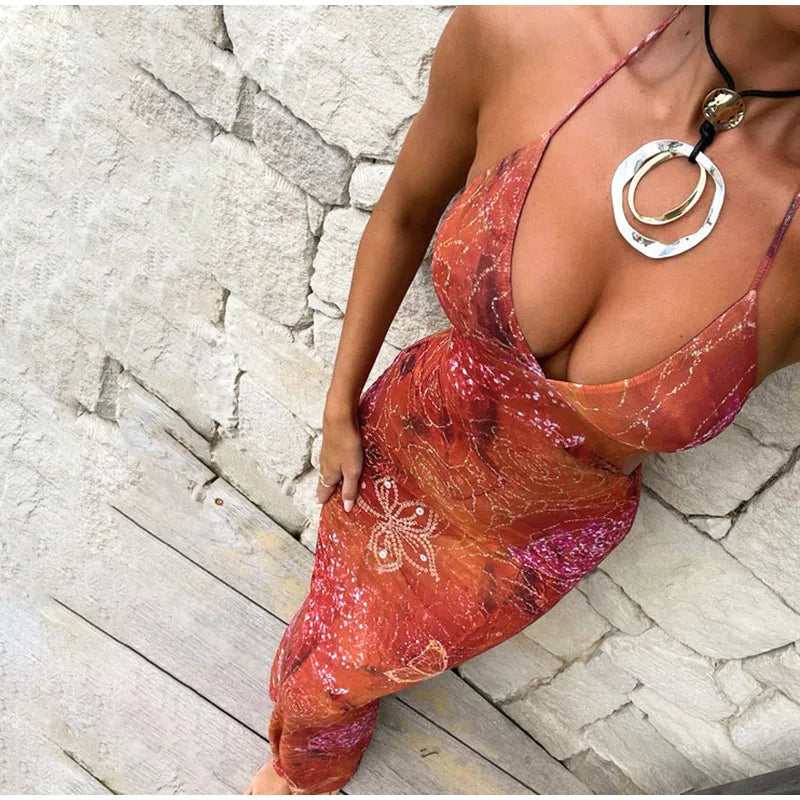 Women's Sexy Deep V High Waist Printed Halter Dress Sleeveless Slim Fit Backless Lace Up Dresses Summer Fashion Party Dress 2025