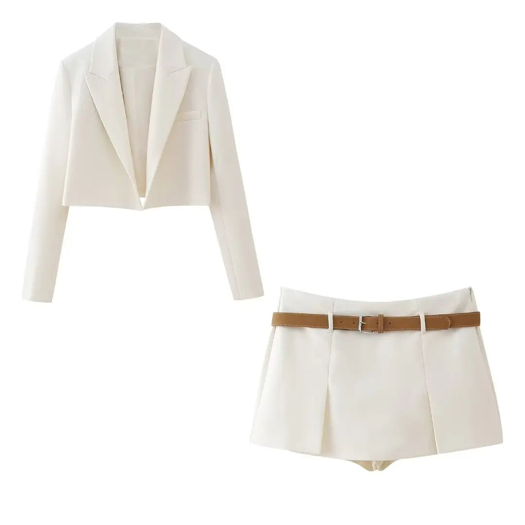 TRAF Spring Women's Solid Beige Blazer Suit Long Sleeves Cropped Blazer+High Waist With Belt A-Line Culottes Elegant Sets Beige Suit