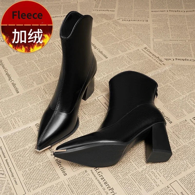 Winter High Heels Sexy Women Luxury Shoes Chunky Ankle Chelsea Boots Fashion New Pointed Toe Zipper Goth Pumps Brand Shoes Black Fleece