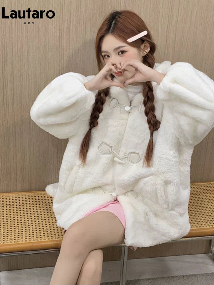 Winter Oversized Warm White Faux Fur Coat Women ith Bunny Ears Kawaii Sweet Cute Japanese Style Fluffy Jacket Hoodie