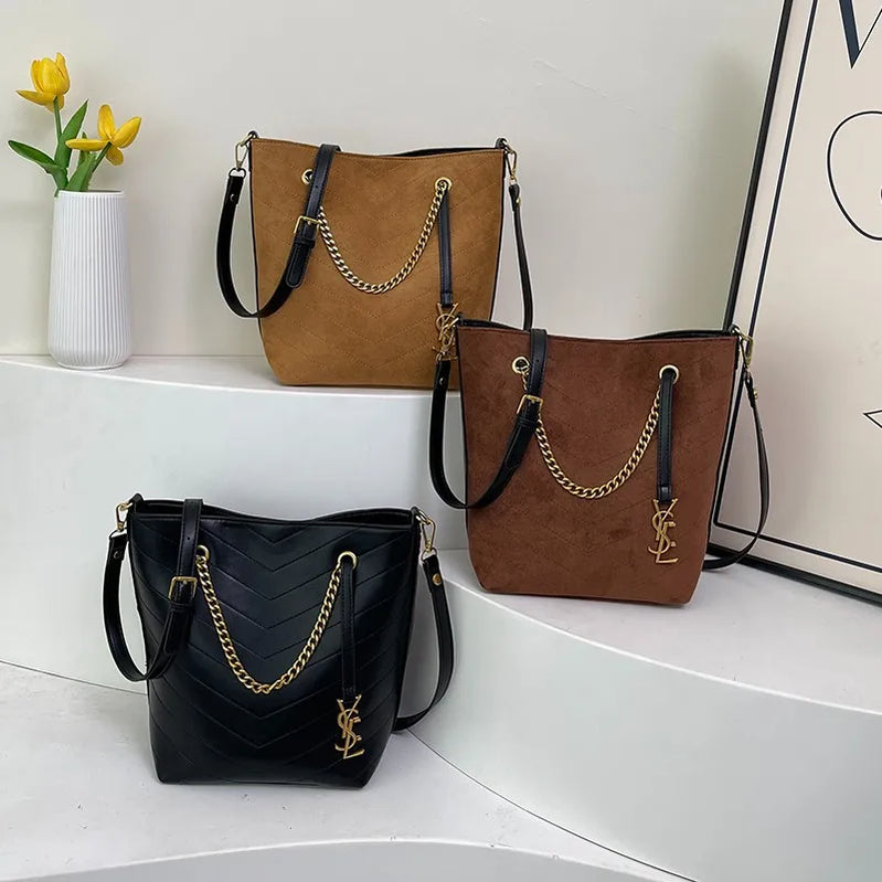 2025 New Women's Vintage Bucket Bag Large Capacity Underarm Bag Suede Crossbody Shoulder Bag Fashion Ladies Purse