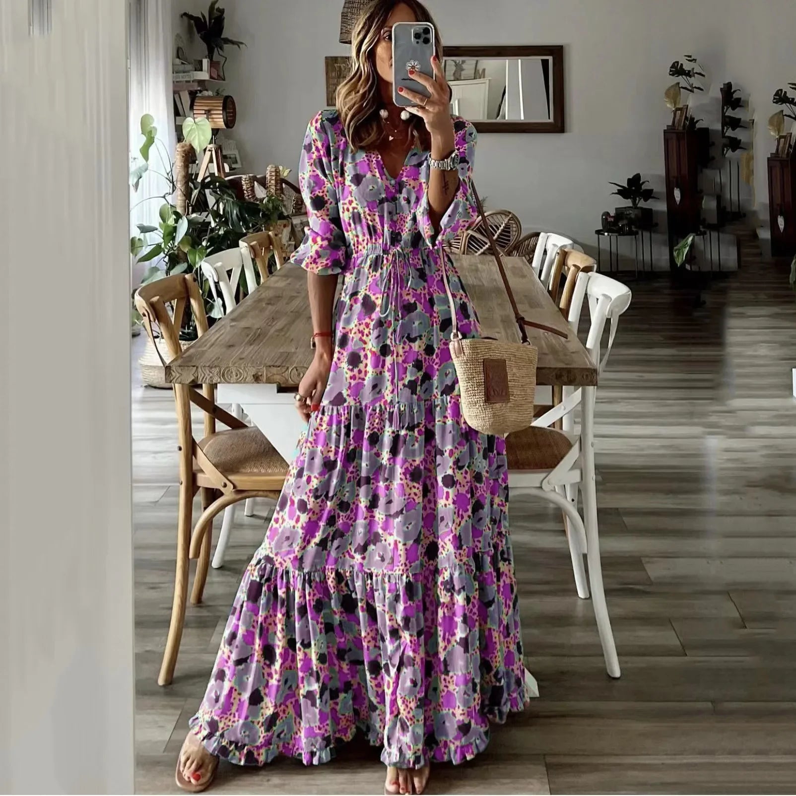 Spring Autumn Flower Print Long Dresses For Women Casual Holiday A-line Beach Dress Fashion Elegant Bohemian Style Maxi Vestidos Rose red