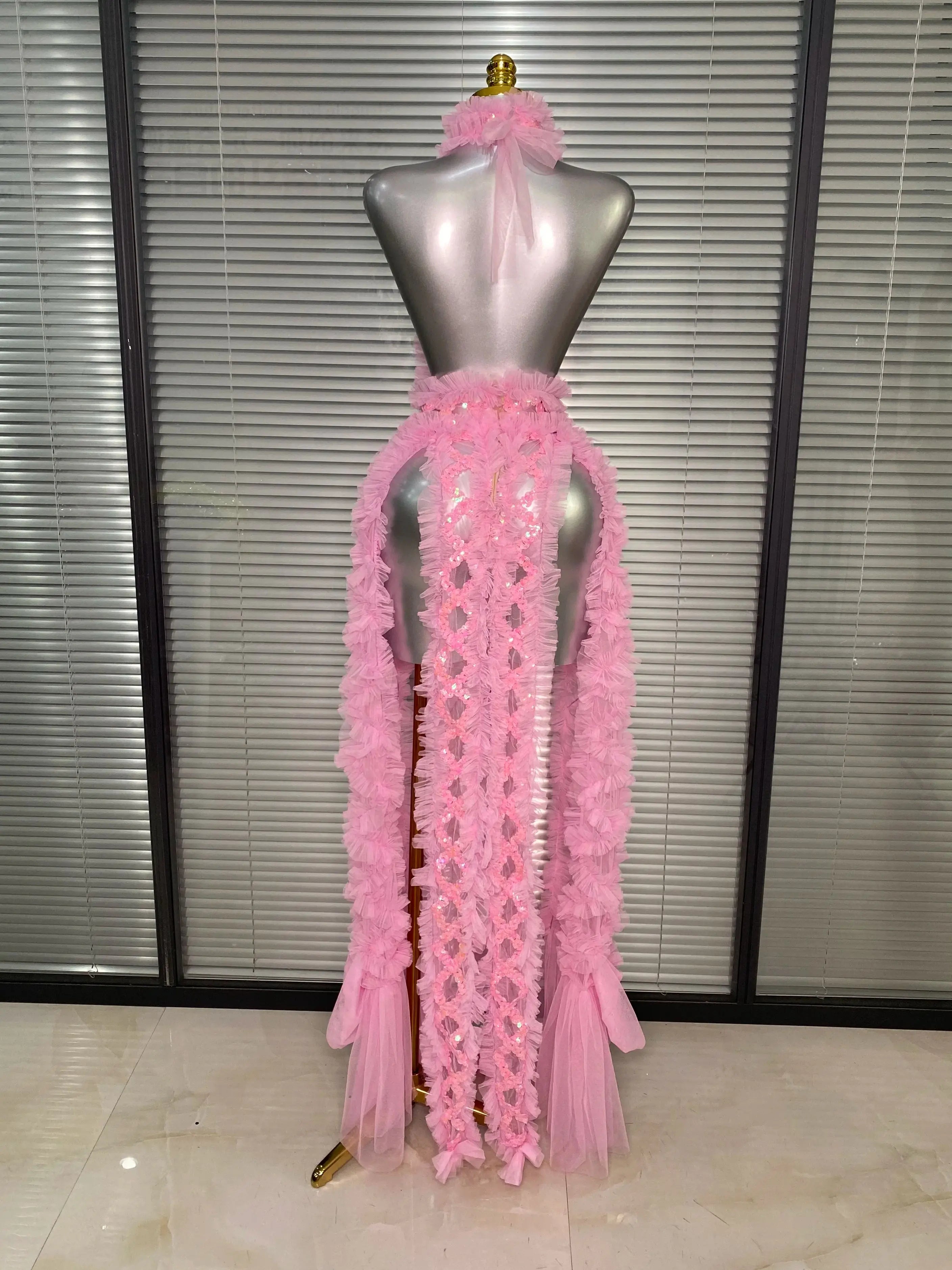 Ins New Women Sexy See Through Sequins Sparkly Red Pink Long Maxi Dress Party Costume Singer Stage Performance Dress