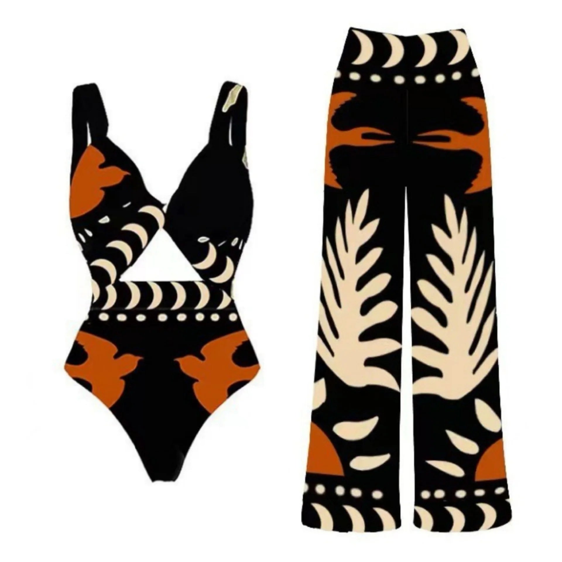 Europe and the United States new swimsuit retro printed mesh pants bikini conservative women's swimsuit Brown