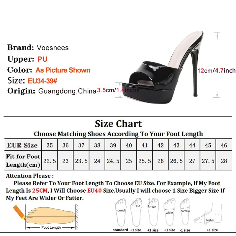 12CM Outdoors High Heels Thick Platform Sandals Black Slip-On Shallow Mouth Shoes For Women Mules Summer Thin Heel Slippers