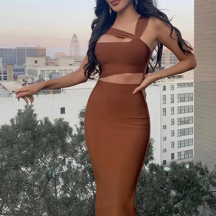 Women Summer Sexy Hollow Out Brown Midi Knee Length Bodycon Bandage Dress 2023 Designer Elegant Evening Party Dress Vestido