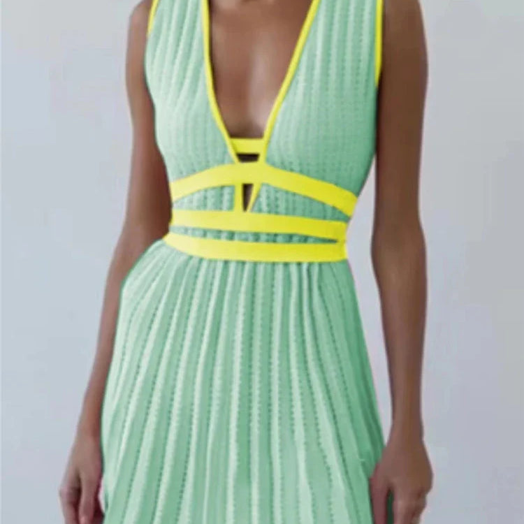 REALEFT Summer Deep V-Neck Knitted Women's Dresses High Waist Lace Up Casual Sleeveless Solid Sexy Mini Dresses Female Ladies