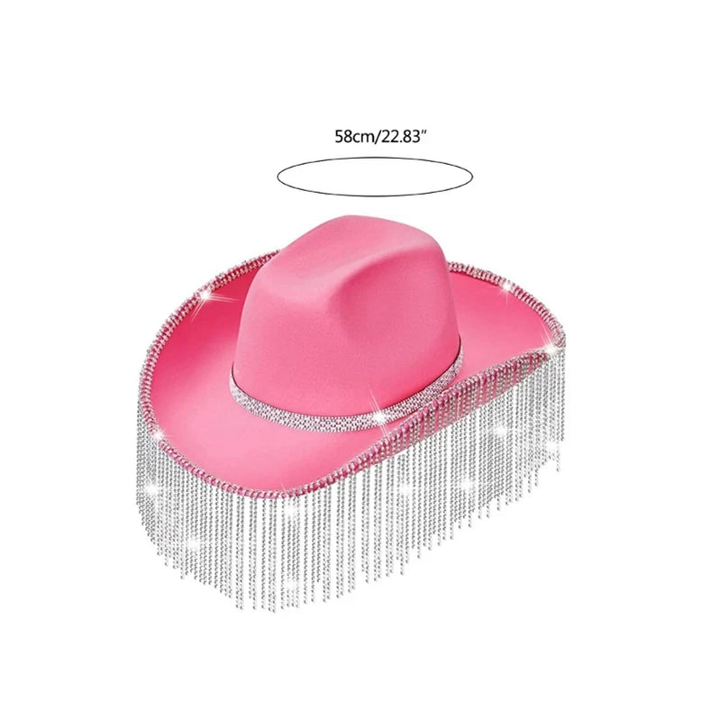 Rhinestones Cowgirl Hats Glitter Rave Cow Girl Hat with Rhinestones Fringe Adult Size Cowboy Hat for Party 3 Color