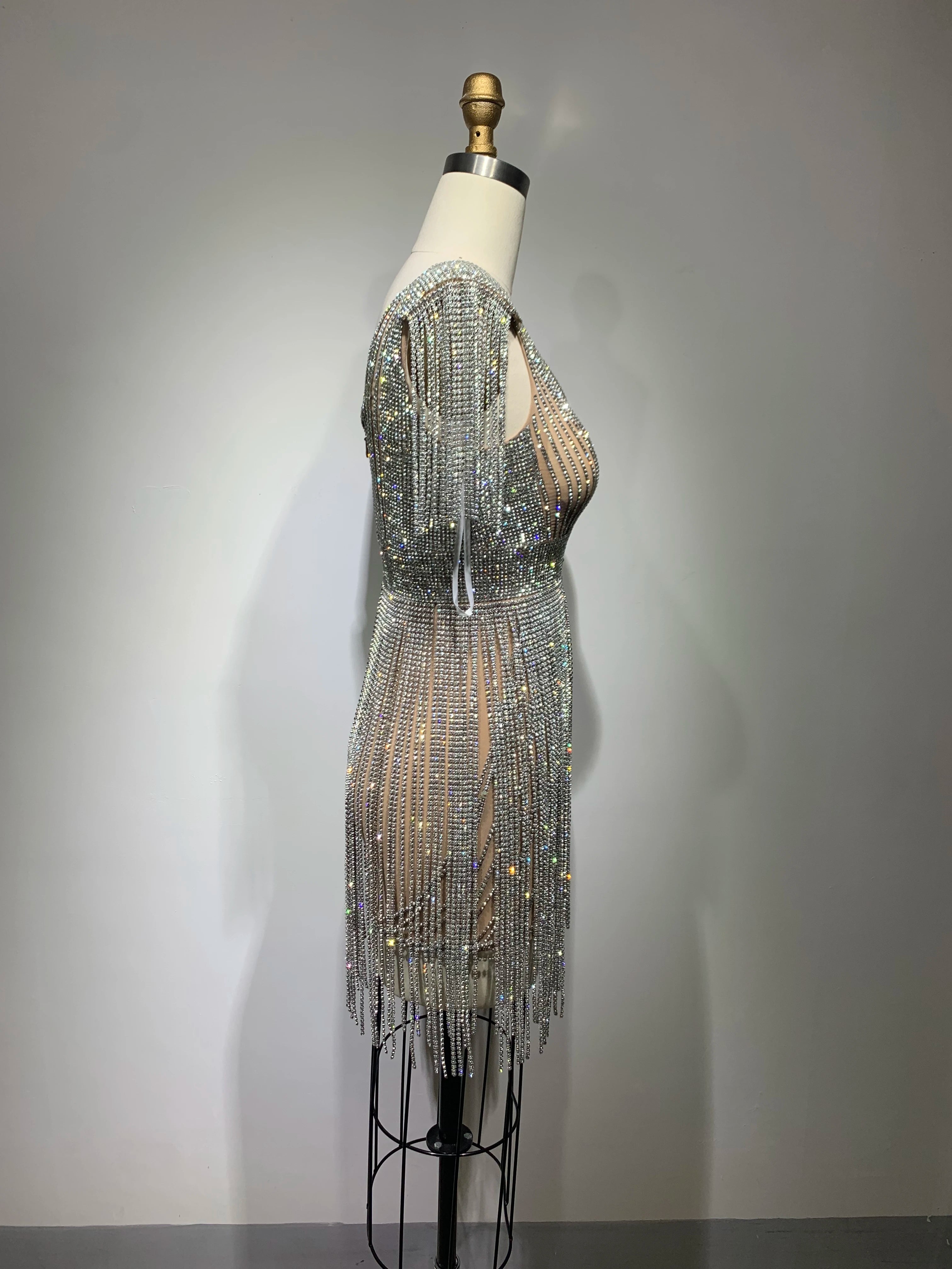 Top Handmake Women Silver Diamond Chain Bodycon Mini Dress Nightclub Party Birthday Celebrate Performance Costume