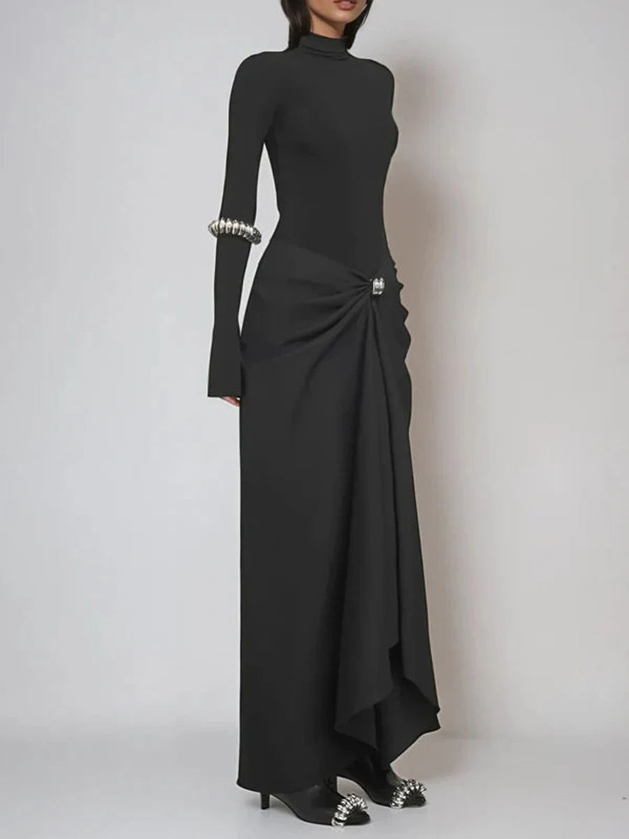 TWOTWINSTYLE Slimming Two Piece Sets for Women High Neck Long Sleeves Minimalism Top High Waist Patchwork Folds Skirt Female New