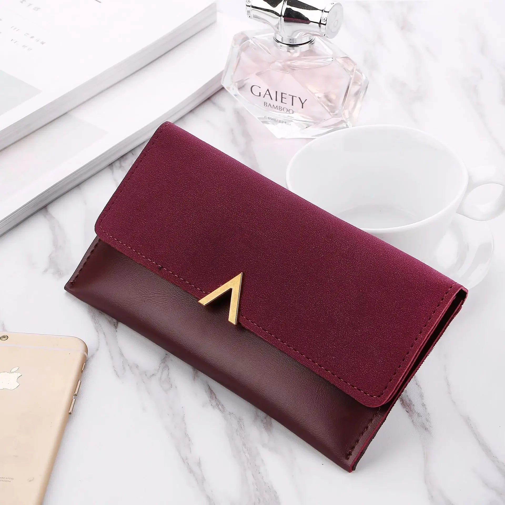 Leather Women Wallets Hasp Lady Moneybags Zipper Coin Purse Woman Envelope Wallet Money Cards ID Holder Bags Purses Pocket WineRed