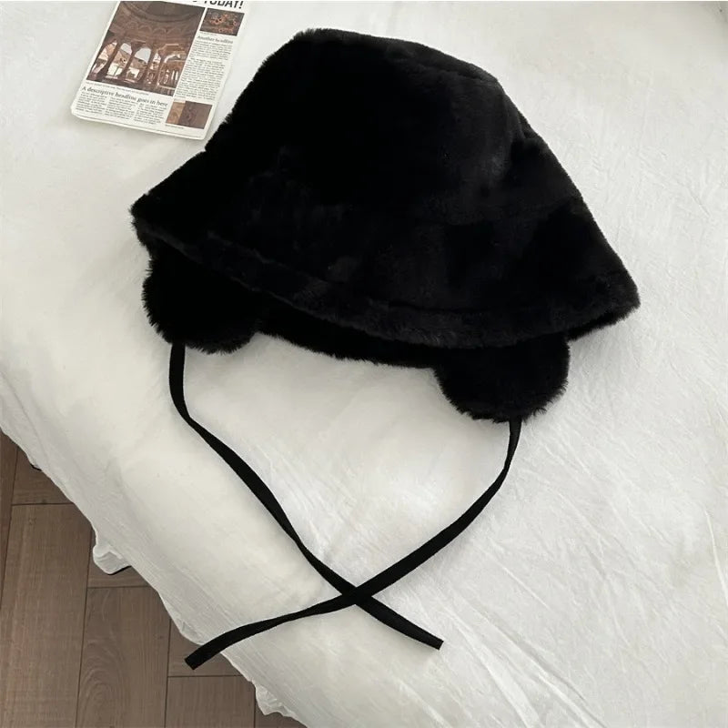 Korean New Ear Protection Bucket Hats for Women Autumn and Winter Travel Versatile Warm Retro Solid Color Plush Men's Caps black 56-58cm