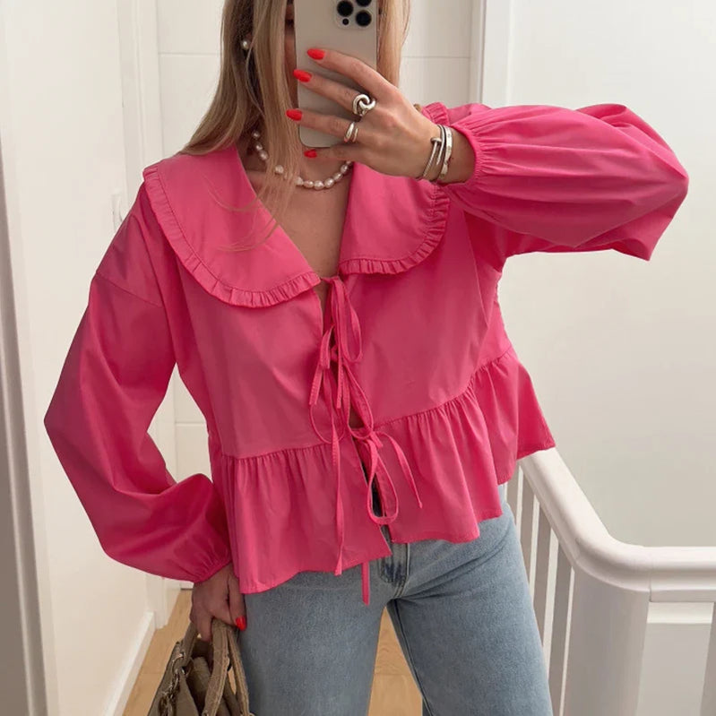 Chic Lace Up Pleated Women Shirts Blouses Lantern Sleeve White Female Streetwear Loose Spring Summer Lapel Elegant Lady Top pink