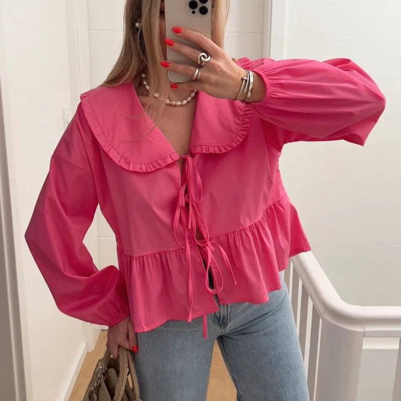 Chic Lace Up Pleated Women Shirts Blouses Lantern Sleeve White Female Streetwear Loose Spring Summer Lapel Elegant Lady Top pink