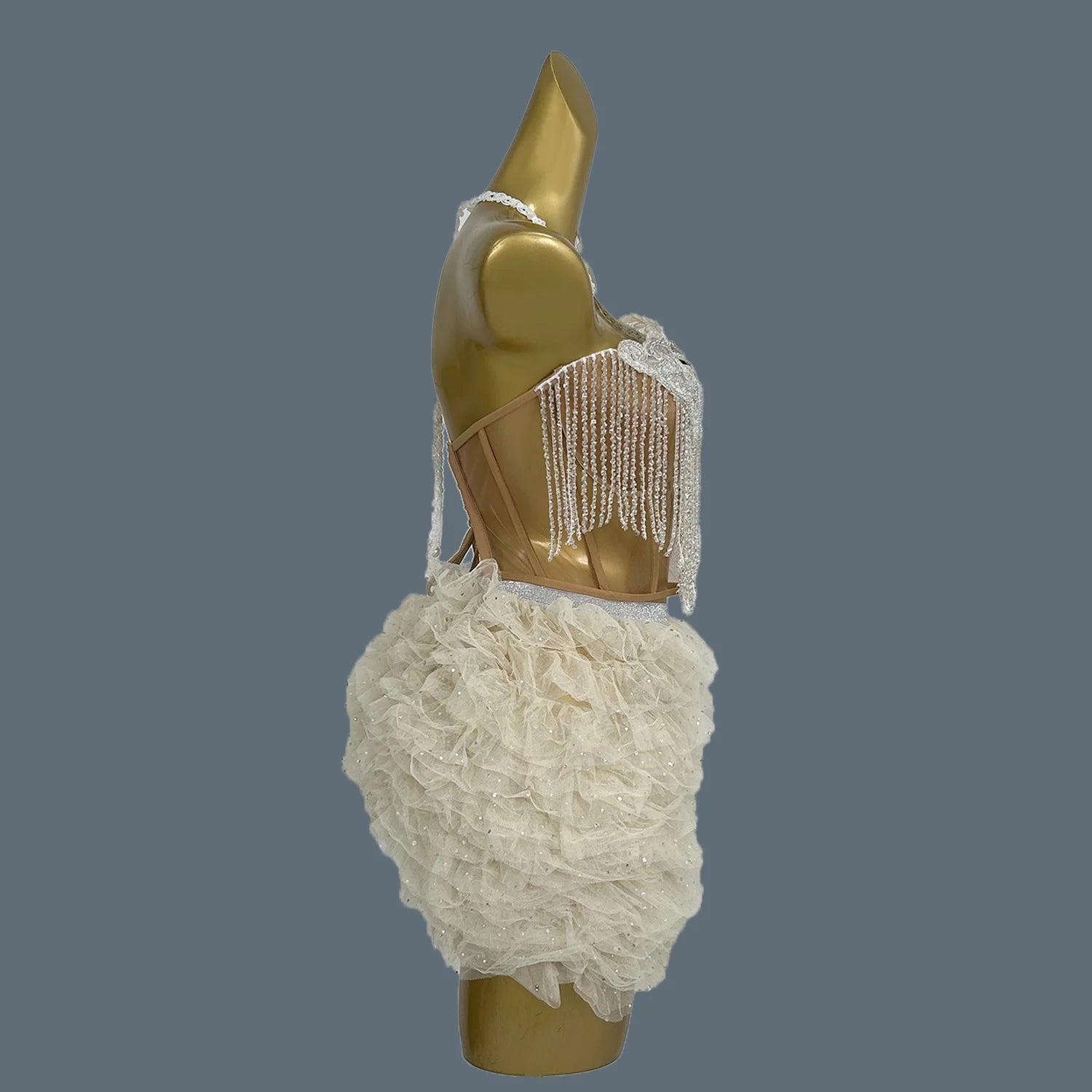 Fashion Women's 2-Pieces Stage Outfit Set Sexy Halter Asymmetric Party Celebrate Clothing Dancer Rhinestone Chain Costume Mixian