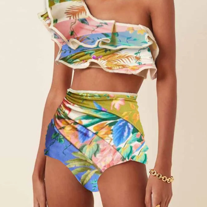 Women's Printed Ruffle Swimsuit Fashion One Shoulder Slash Breasted Bikini Two Piece High Waisted Tummy Tuck Beachwear 2023 New Red