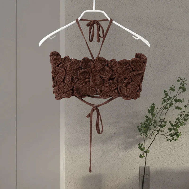 Sexy 3D Floral Knit Crop Top Women Fashion Sleeveless Backless Bandage Halter Tank Female Summer Lady Solid Streetwear brown