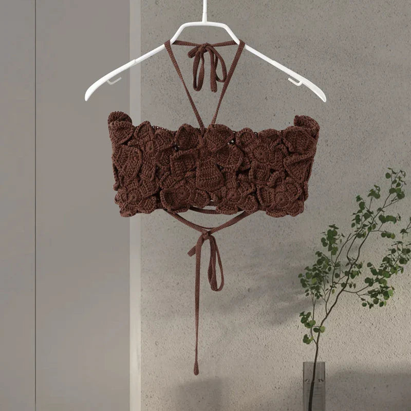Sexy 3D Floral Knit Crop Top Women Fashion Sleeveless Backless Bandage Halter Tank Female Summer Lady Solid Streetwear brown