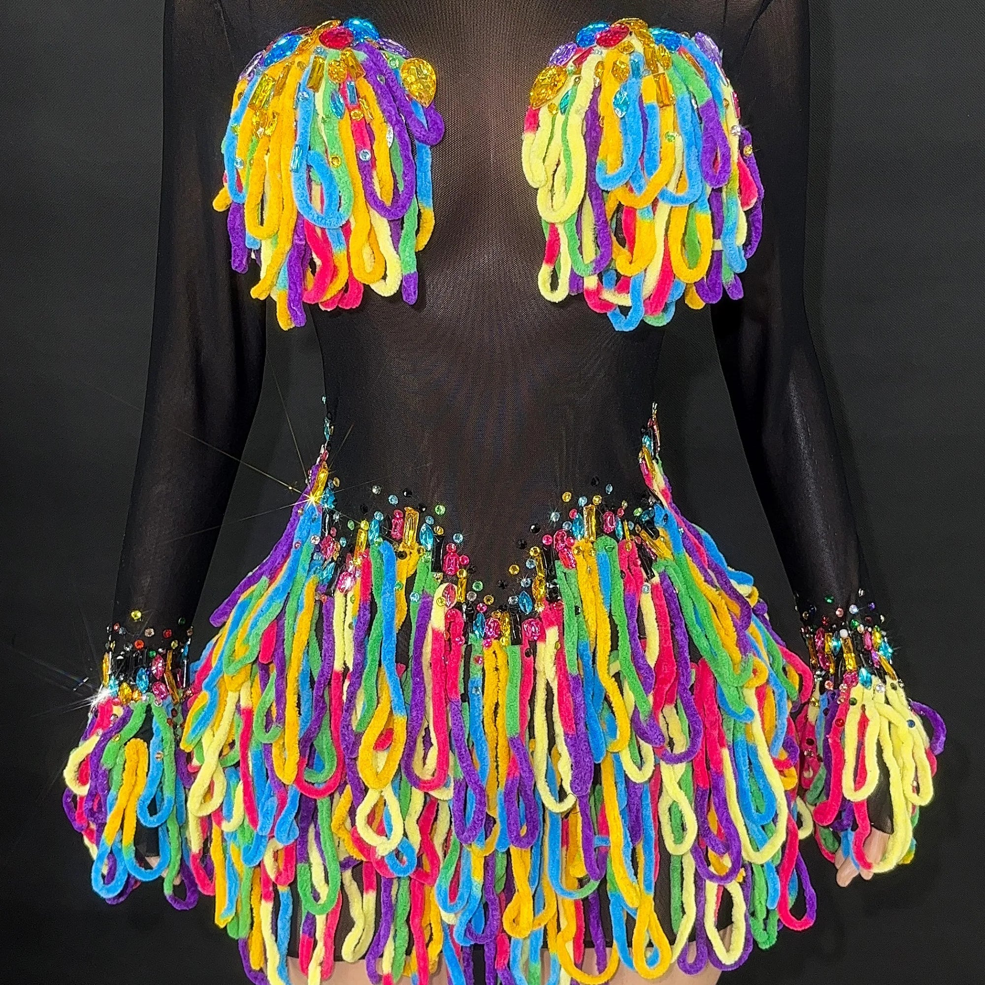 2025 Women Shiny Colorful Diamonds Sexy Stretch Transparent Mesh Short Dress Nightclub Party Singer Stage Performance Costume