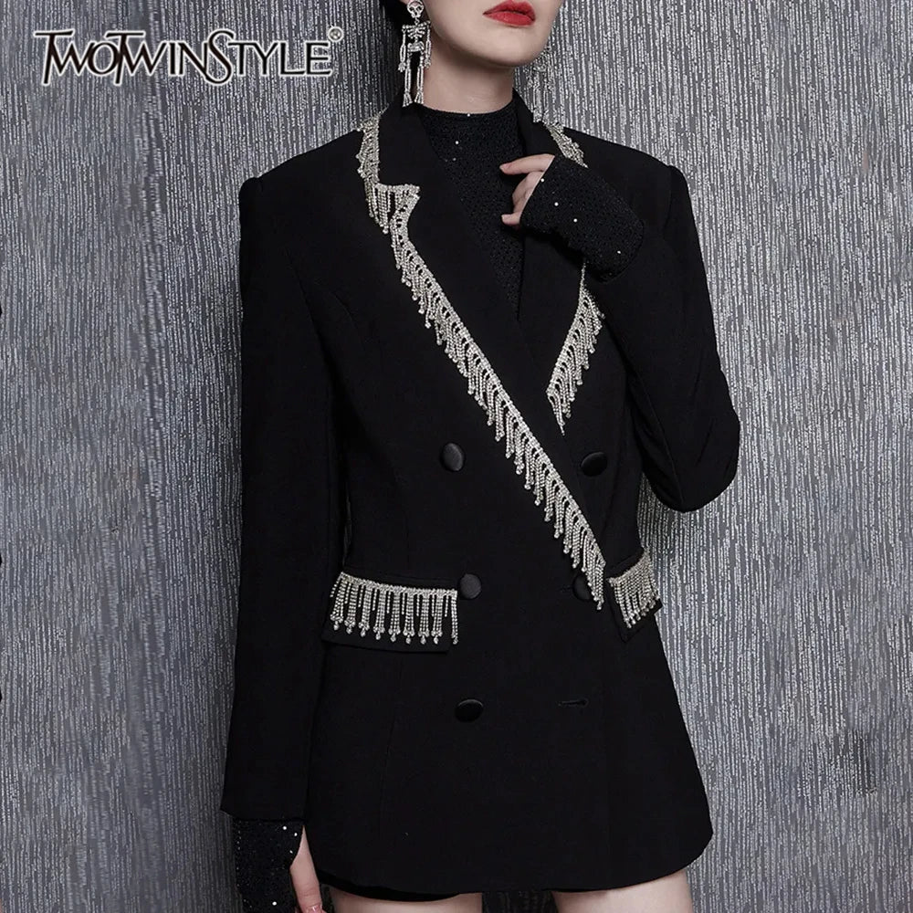 TWOTWINSTYLE Solid Spliced Tassels Elegant Jackets for Women Lapel Long Sleeve Patchwork Double Breasted Blazer Demale Clothing