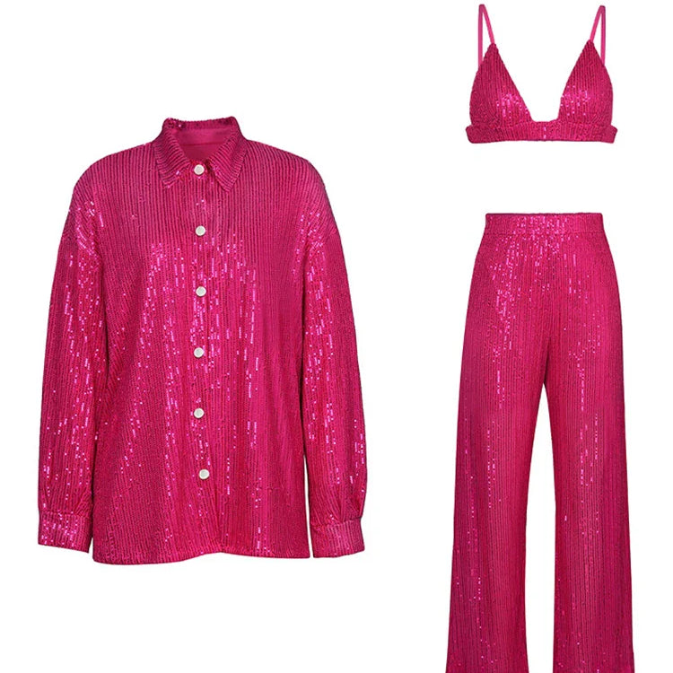 Tossy Sparkly Two-piece Set Party Outfits For Womens Sequin Top Blouse Shirt And Pants Suit Female Luxury Evening Tracksuit New Barbie suit