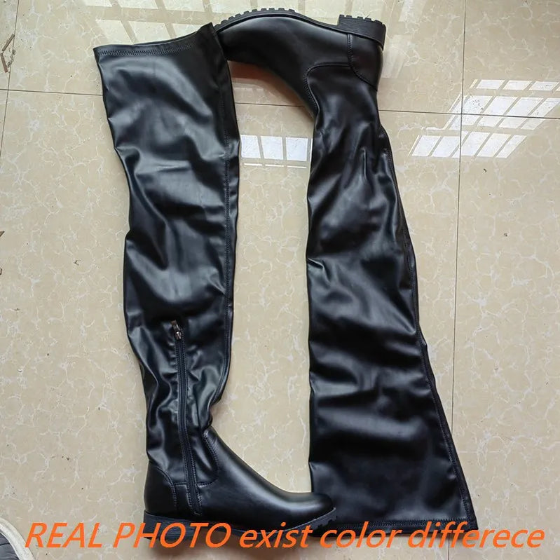 SIMLOVEYO Winter Autumn Over Knee Boots 3.5cm Square Heel Zip Round Toe Leather Thigh High Fashion Big Size 45 46 47 48 US17