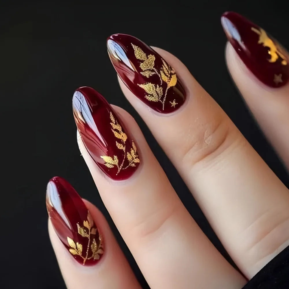 24pcs Wine Red Press on Nails Art Shiny Powder Leaves Pattern False Nails Tips Simple Almond Fake Nail Wearable Full Cover Nail