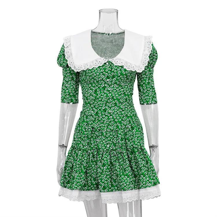 Women's Clothing Summer Doll Collar Floral Short Sleeve Dress Slim Fit Waist Tutu Skirt Lace Club Party Dress Vestidos green