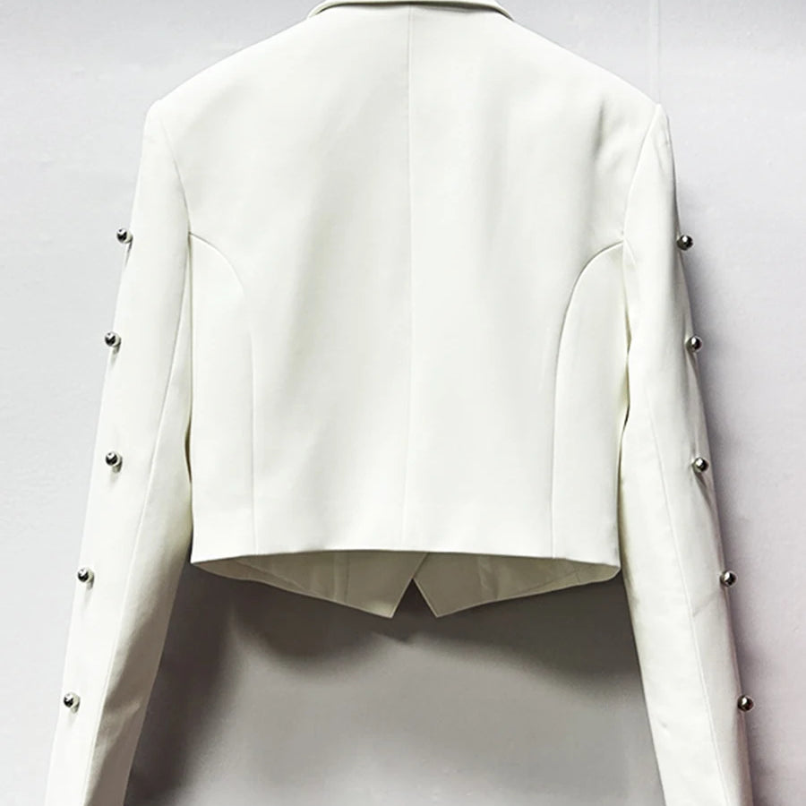 TWOTWINSTYLE Solid Slimming Spliced Bead Fashion Short Jackets for Women Lapel Long Sleeves Temperament Jacket Female Clothing