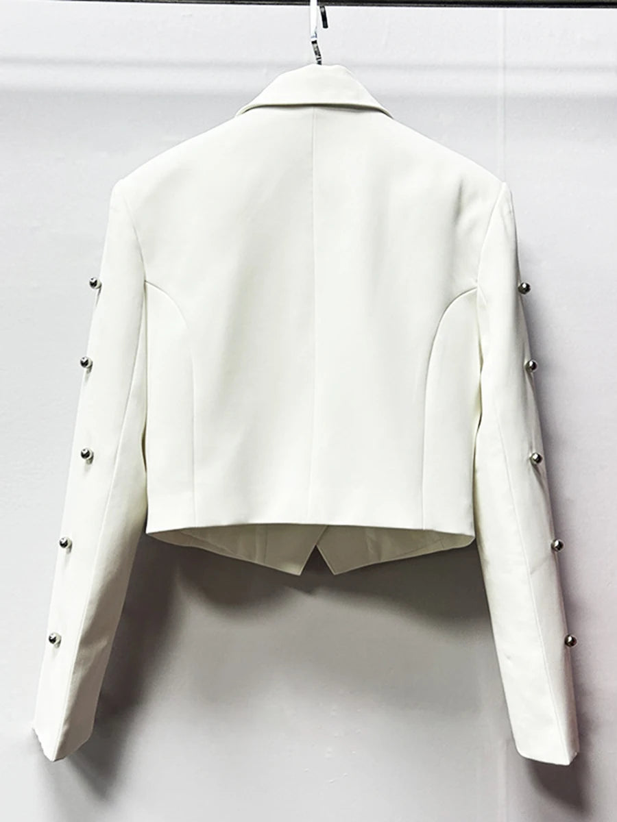 TWOTWINSTYLE Solid Slimming Spliced Bead Fashion Short Jackets for Women Lapel Long Sleeves Temperament Jacket Female Clothing