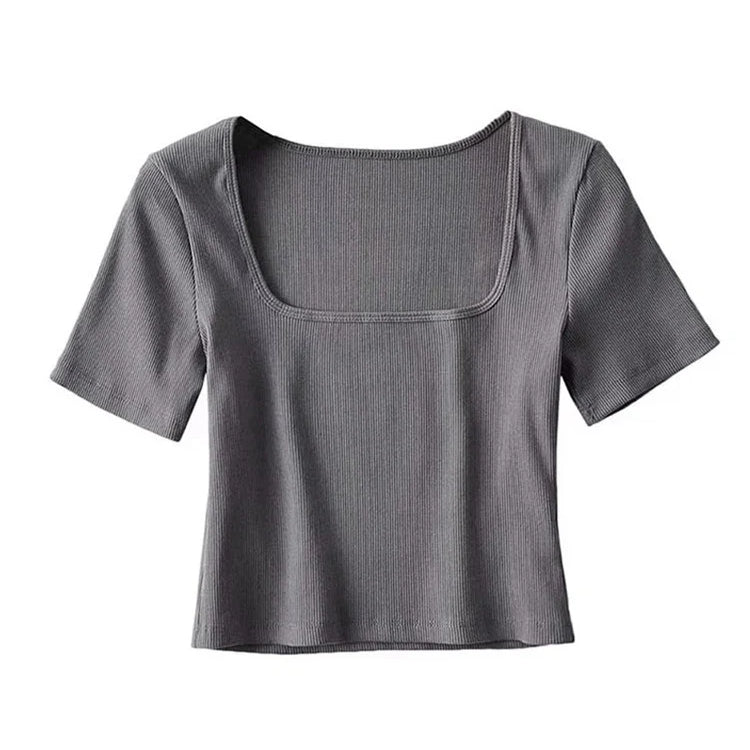 Women Square Neck Rib Crop T-shirt Short Sleeve Crop Top DarkGrey