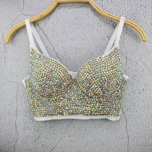 Rhinestone Bead Bustier Corset Pearls Diamond Push Up Night Club Bralette Women's New Fashion Bra Cropped Tops Plus Size colorful White