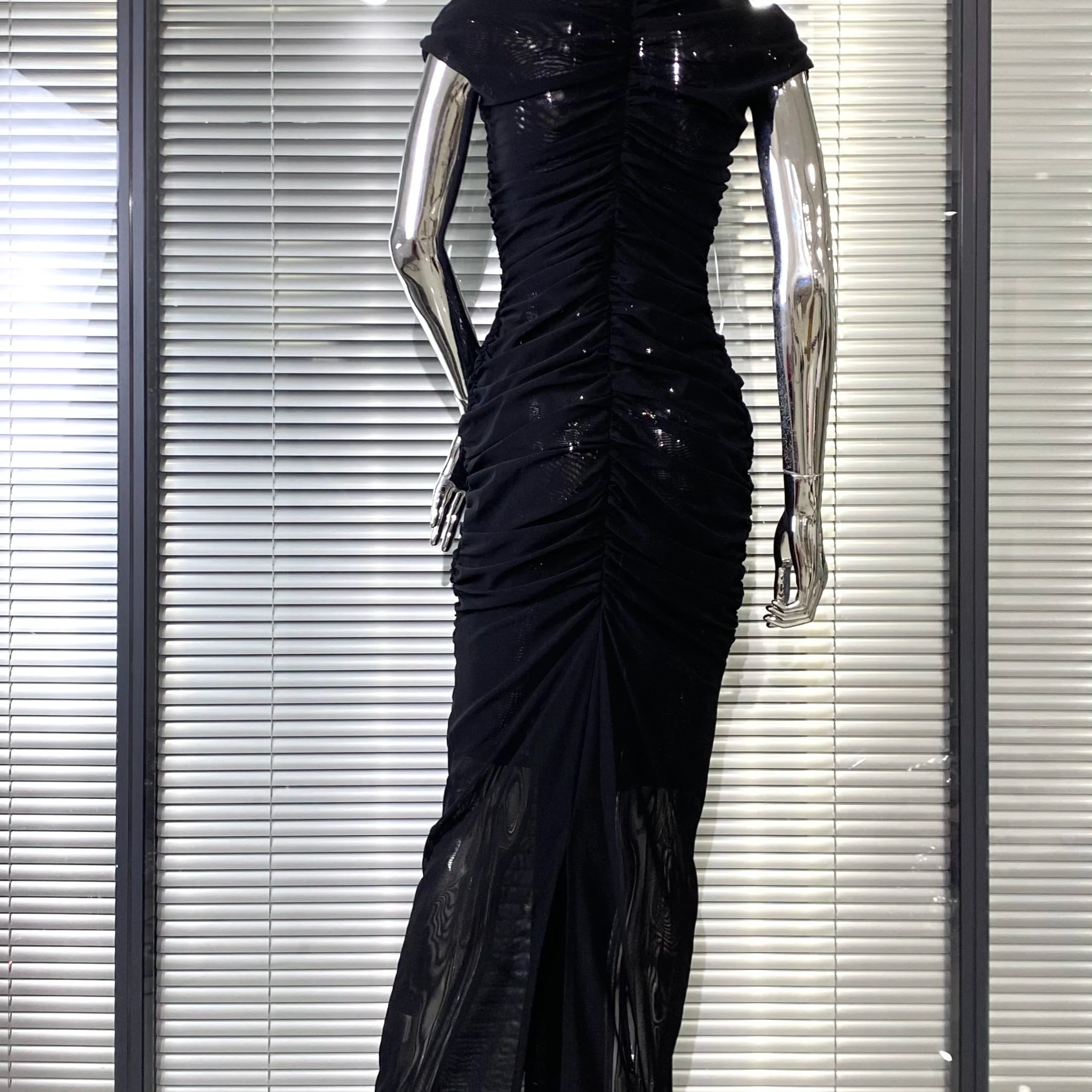 New Sexy Hollow Out SeeThrough Mesh Ankle Leng Evening Dress Fashion Woman Birthday Party Vestido Celebrity Evening Party Outfit