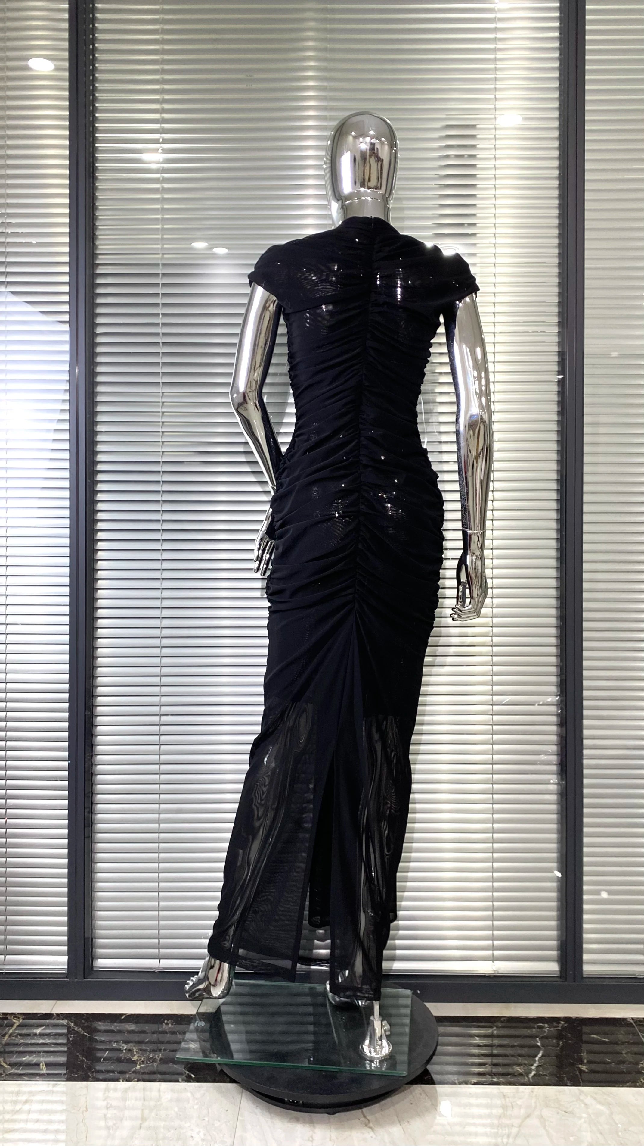 New Sexy Hollow Out SeeThrough Mesh Ankle Leng Evening Dress Fashion Woman Birthday Party Vestido Celebrity Evening Party Outfit