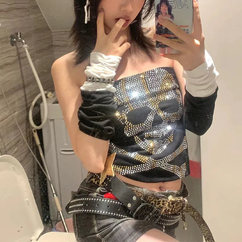 Punk Women's Tube Top Rhinestones Skull Y2k Sexy Sleeveless Vests Slim Fit Corset Top Harajuku Summer Clothes Coquette Bustier black