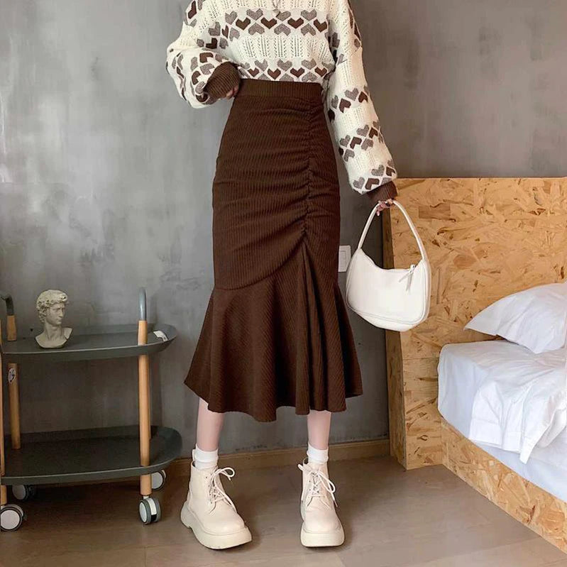 Fashion High Waist Midi Skirts for Women Spring Slim Fit Hip Mermaid Skirt Woman Korean Ruffles Brown Skirts 2XL