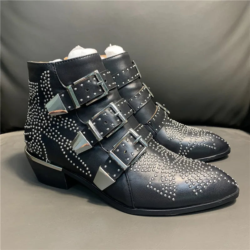 Women's Ankle Boots Rivet Flower Susanna Studded Cowboy Boots Genuine Leather Luxury Shoes Ladies Botines Mujer